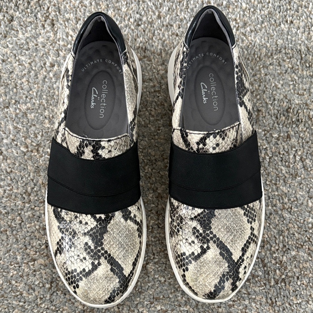 Clarks Black and Cream Snakeskin Loafers